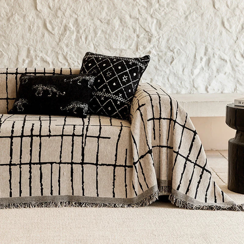 Sofa Throw Blanket Cotton-Linen Blend Reversible Jacquard Machine Washable