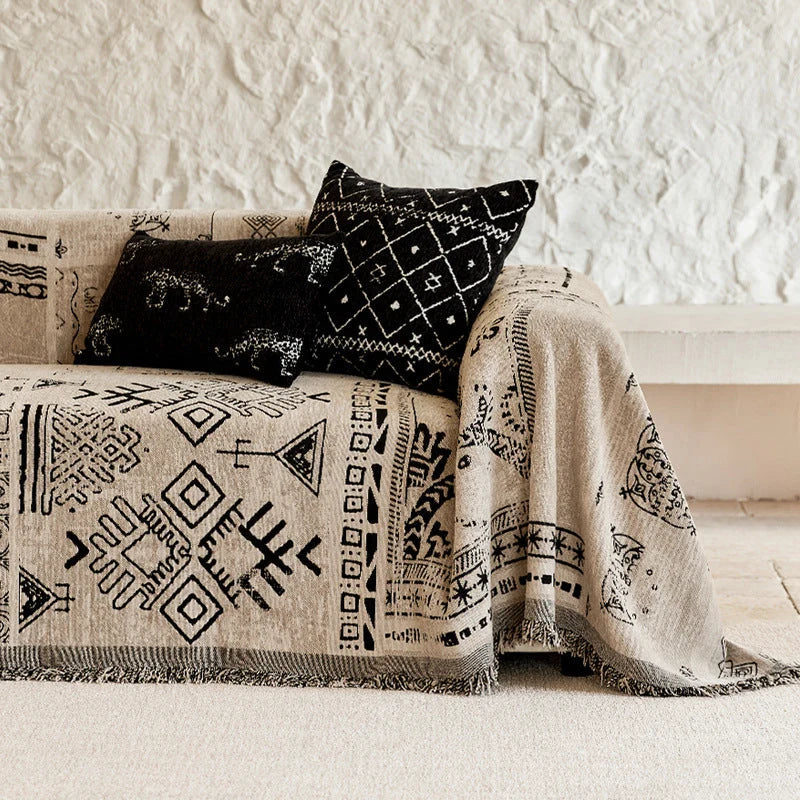 Sofa Throw Blanket Cotton-Linen Blend Reversible Jacquard Machine Washable