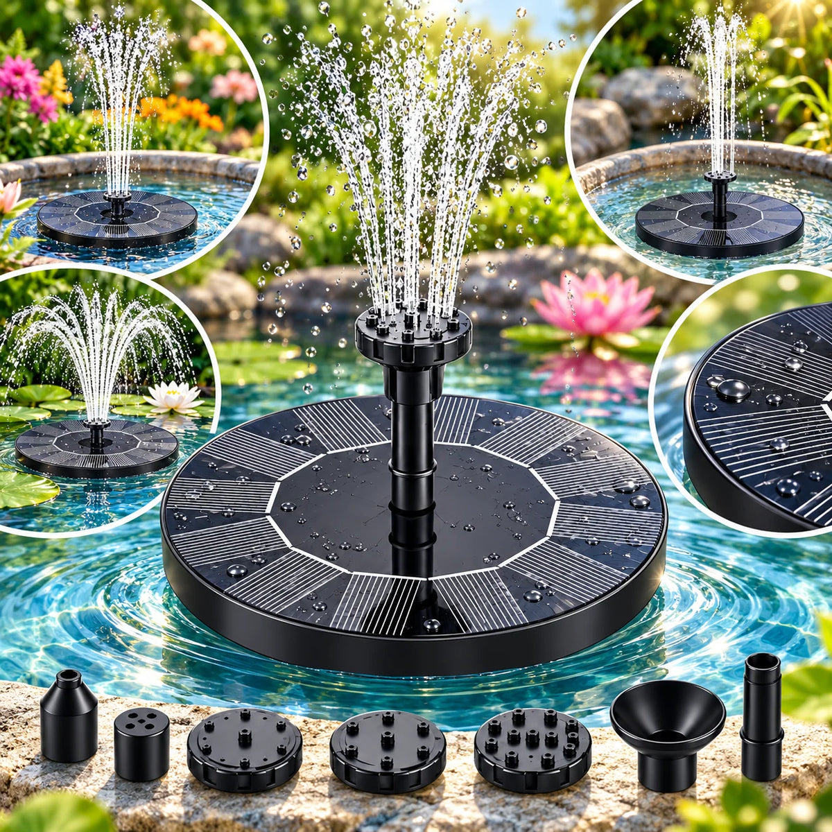 Solar Fountain Pump Floating Solar-Powered With Interchangeable Heads
