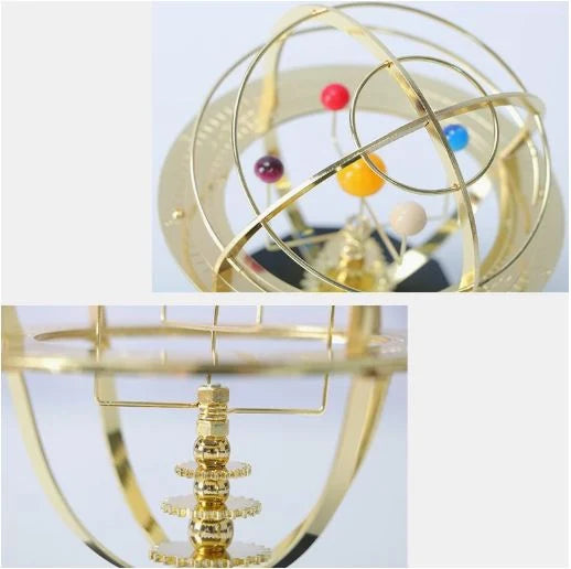 Solar System Orrery Hand-Cranked Brass Oak Base Zodiac Ring
