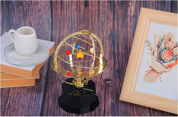 Solar System Orrery Hand-Cranked Brass Oak Base Zodiac Ring