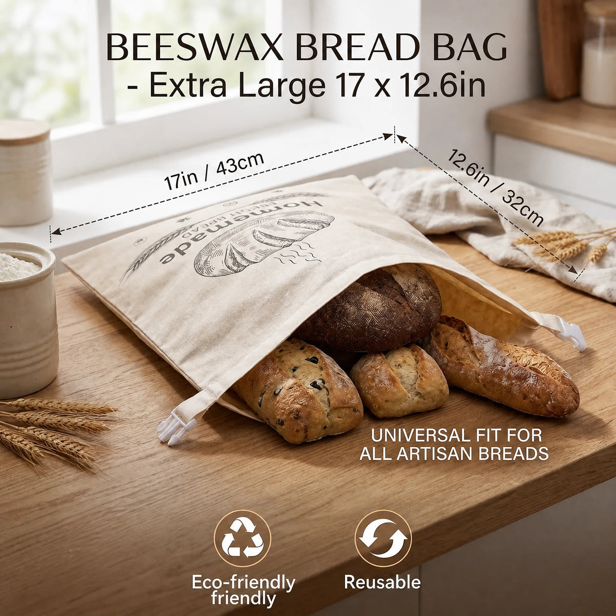 Sourdough Bread Bag Beeswax-Lined Organic Linen Freezer-Safe