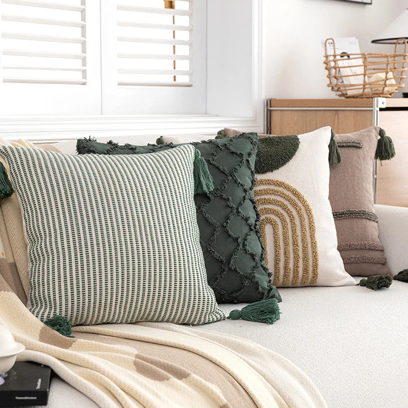 Square Accent Pillow Cotton-Blend Knitted Stripes Oversized Tassels