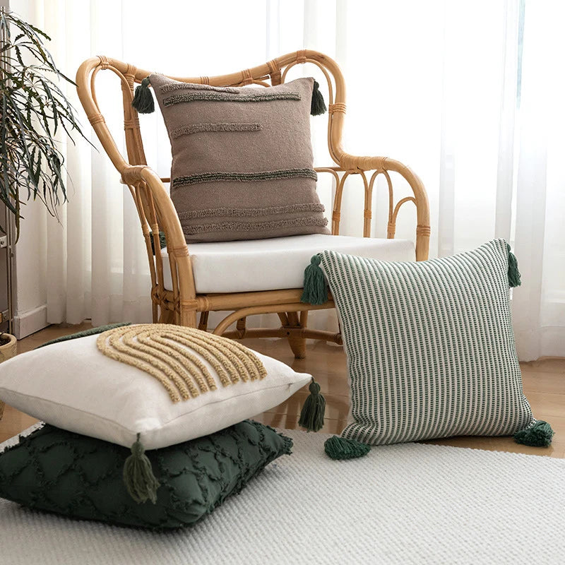 Square Accent Pillow Cotton-Blend Knitted Stripes Oversized Tassels