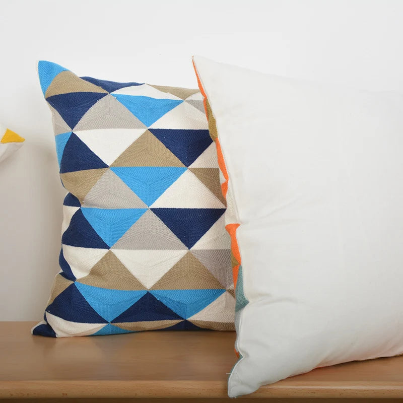 Square Accent Pillow Geometric Layered Applique Cotton-Linen & Concealed Zipper