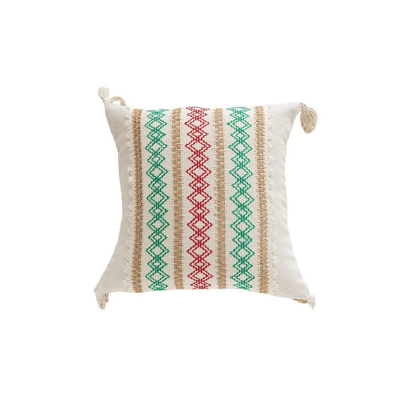 Square Accent Pillow Handloom Cotton Geometric Embroidery Knotted Tassels