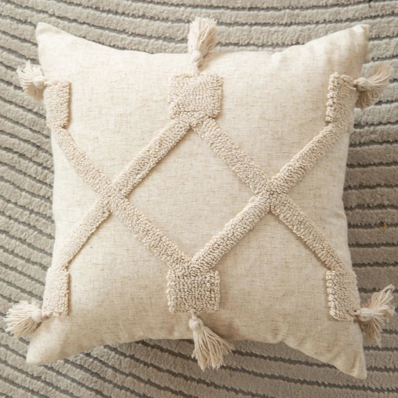 Square Accent Pillow Tufted Macramé Knotted Tassels Removable Cover