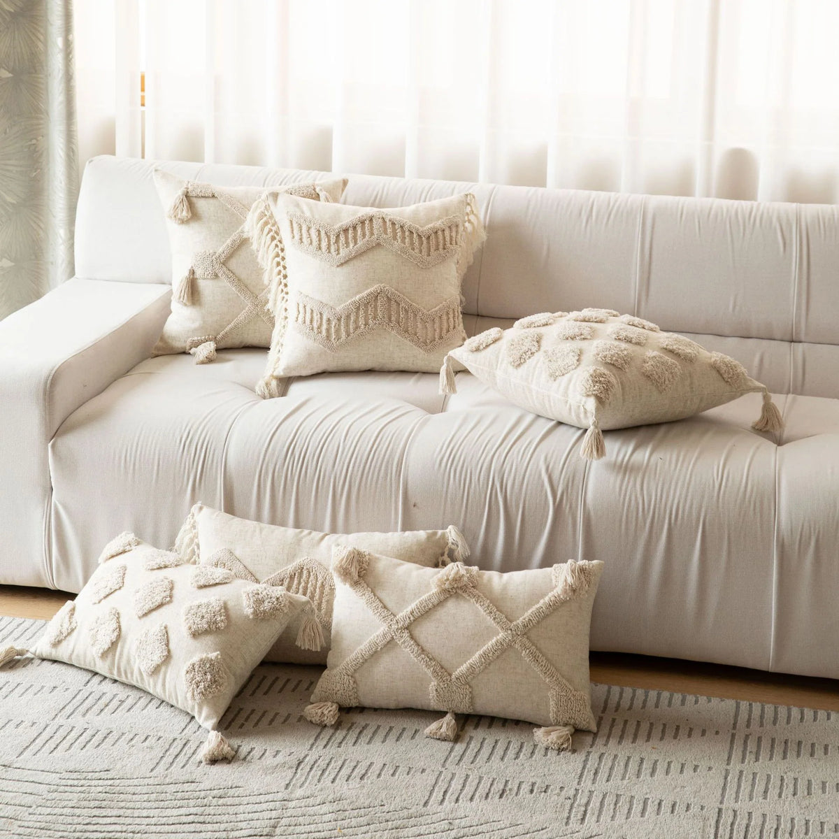 Square Accent Pillow Tufted Macramé Knotted Tassels Removable Cover