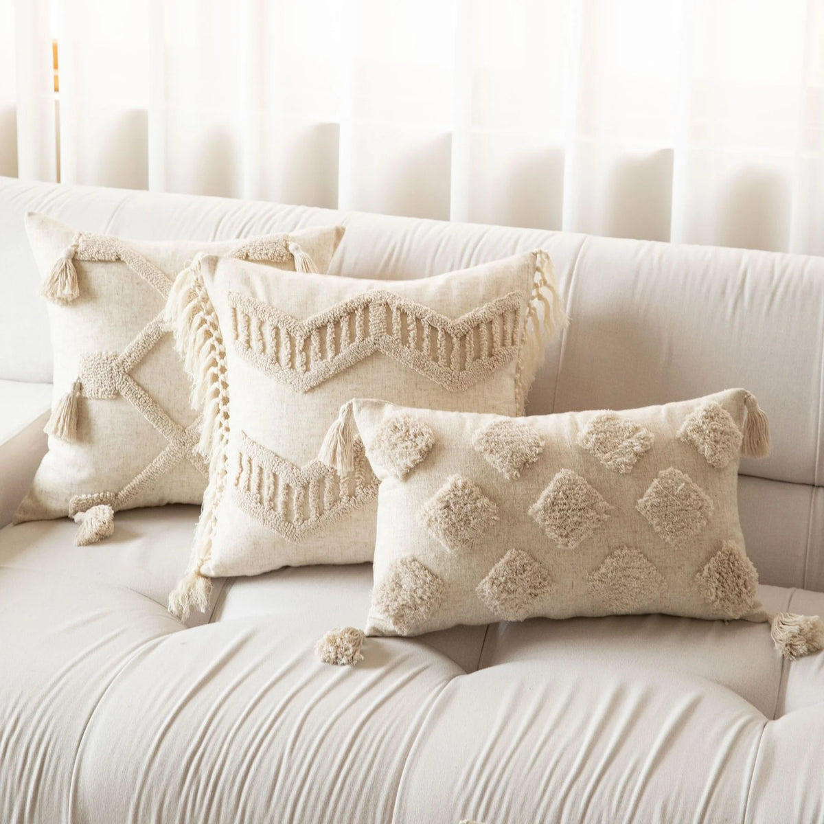 Square Accent Pillow Tufted Macramé Knotted Tassels Removable Cover