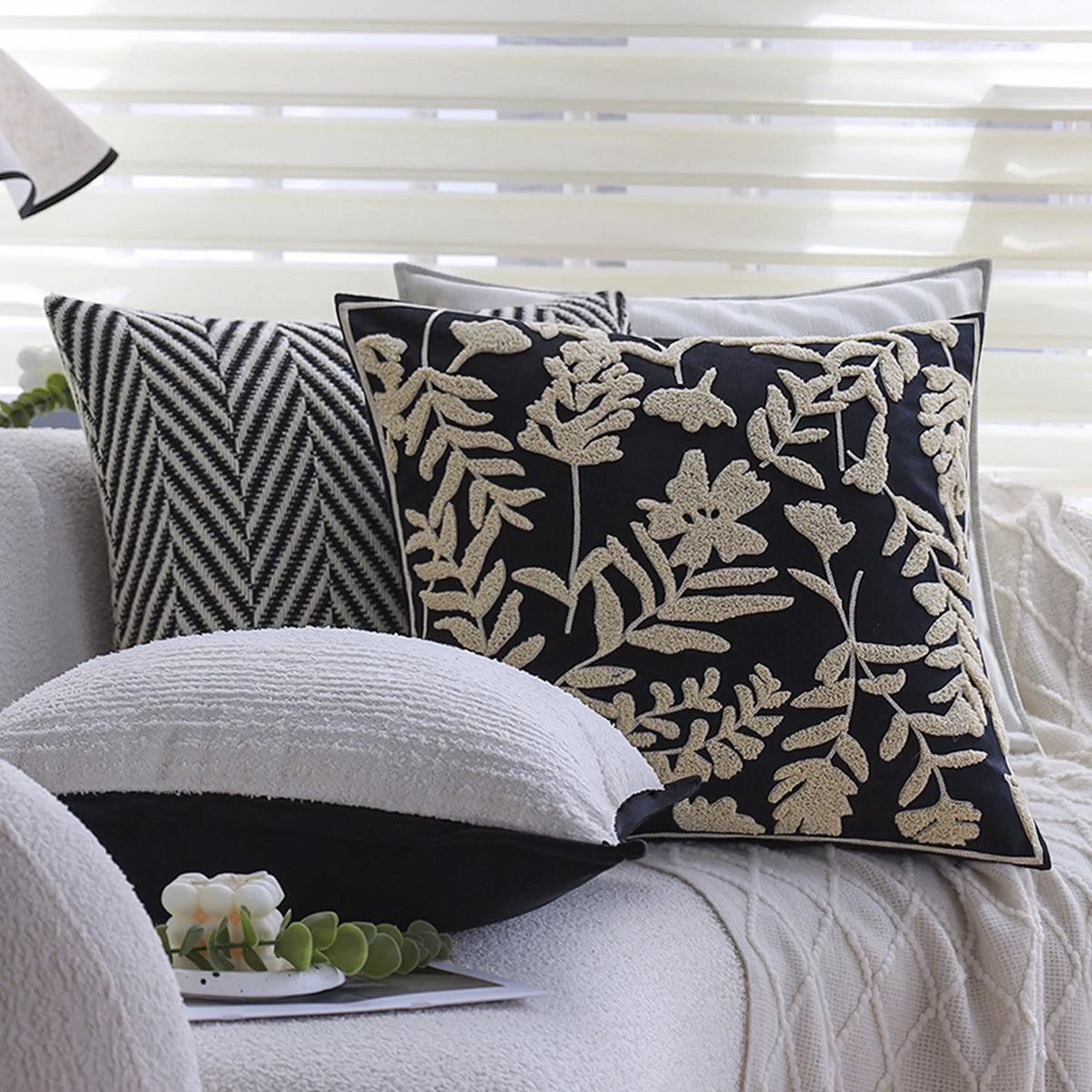 Square Cushion Cover Cotton-Linen Herringbone Hidden Zipper