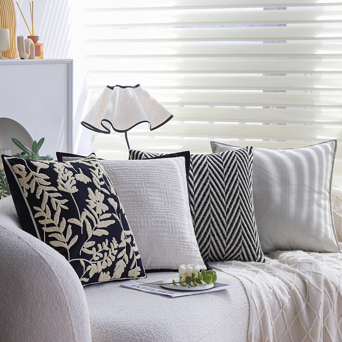 Square Cushion Cover Cotton-Linen Herringbone Hidden Zipper