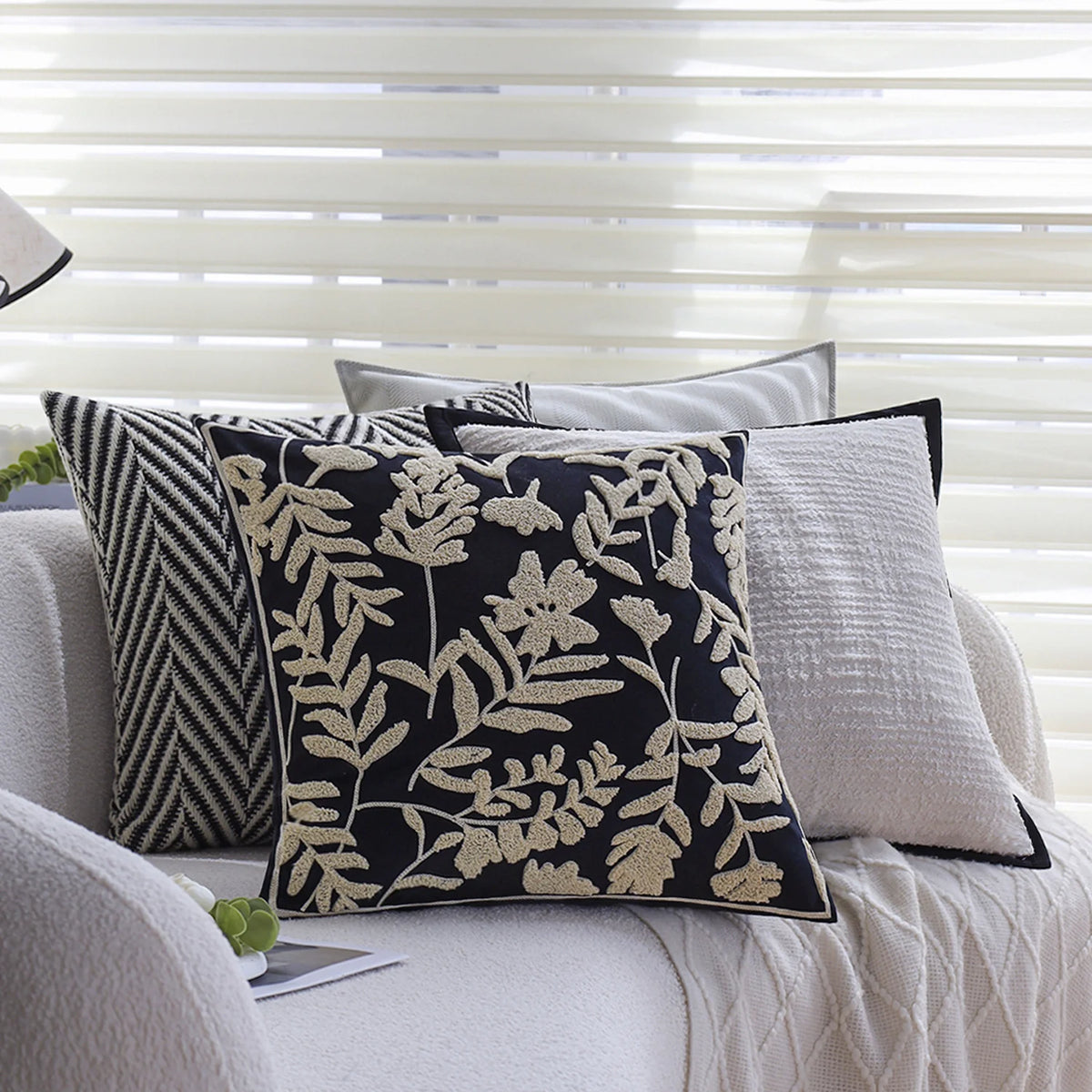 Square Cushion Cover Cotton-Linen Herringbone Hidden Zipper