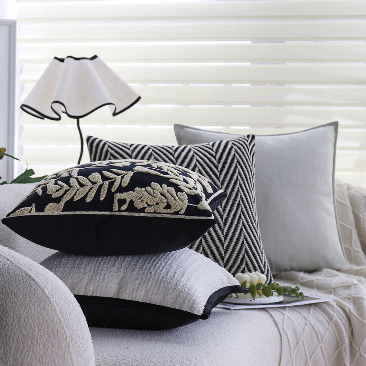 Square Cushion Cover Cotton-Linen Herringbone Hidden Zipper