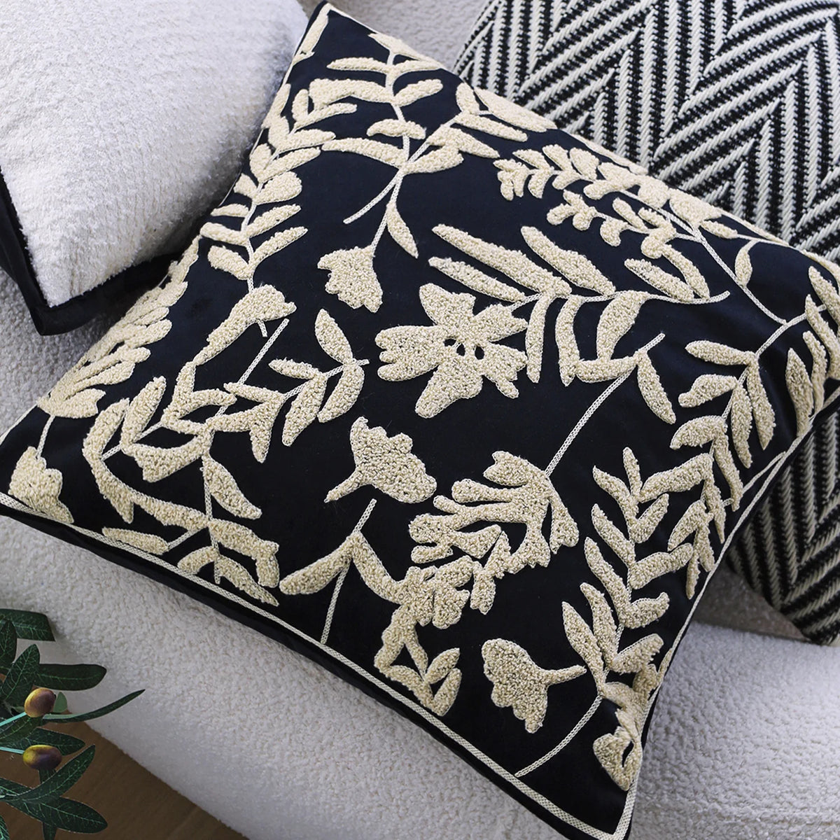 Square Cushion Cover Cotton-Linen Herringbone Hidden Zipper