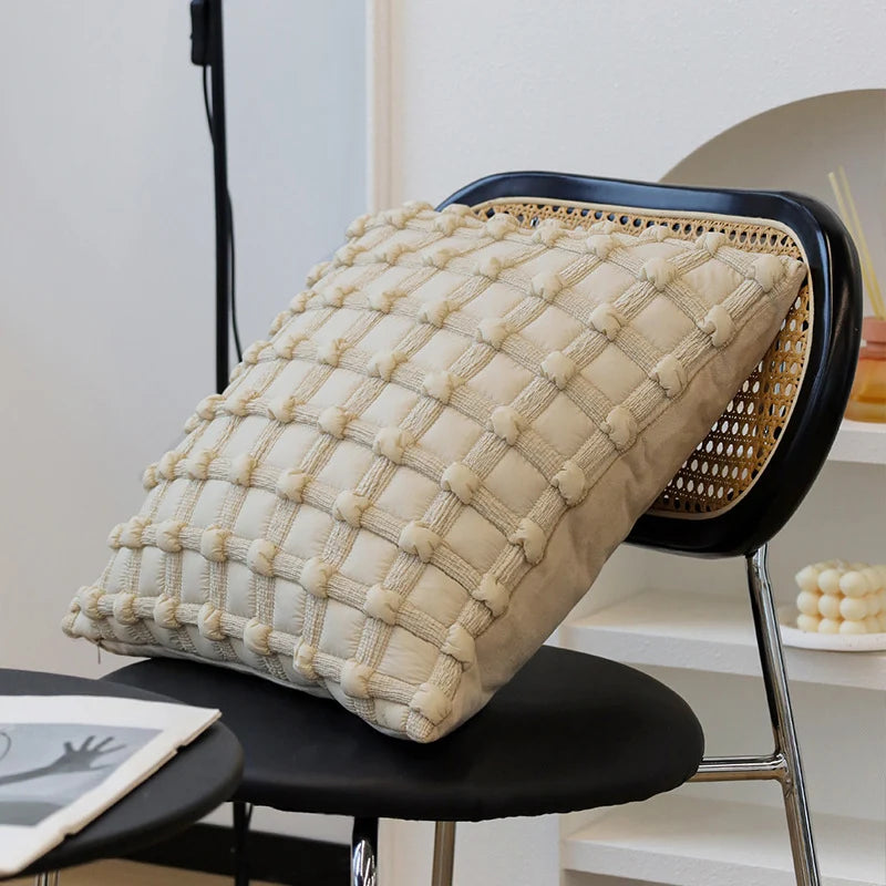 Square Cushion Cover Cotton-Linen Raised Knot Grid 18x18in