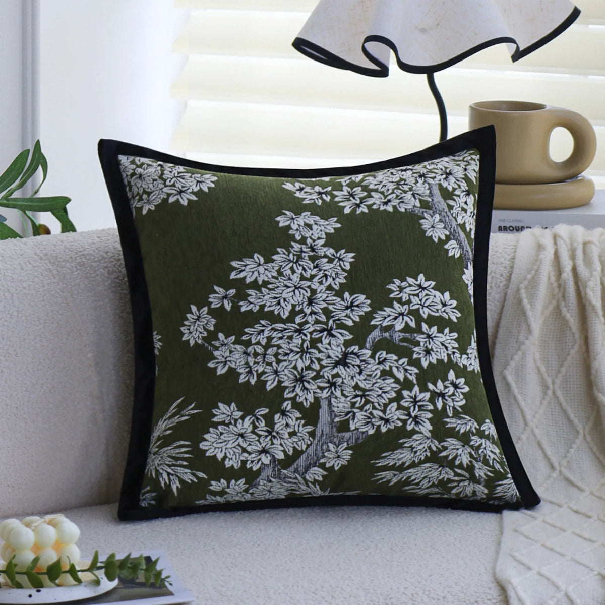 Square Cushion Cover Embroidered Jacquard Concealed Zipper & Velvet Back