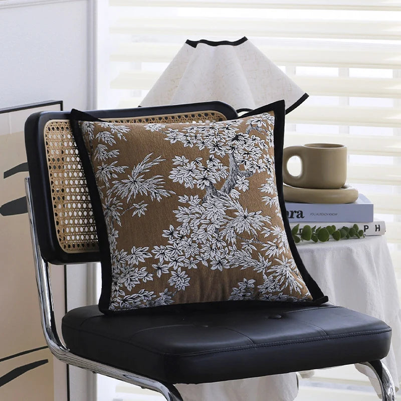 Square Cushion Cover Embroidered Jacquard Concealed Zipper & Velvet Back