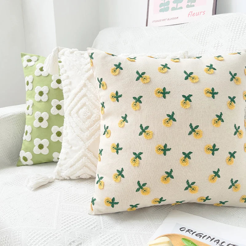 Square Cushion Cover Hand-Tufted Floral Cotton-Linen & Concealed Zipper