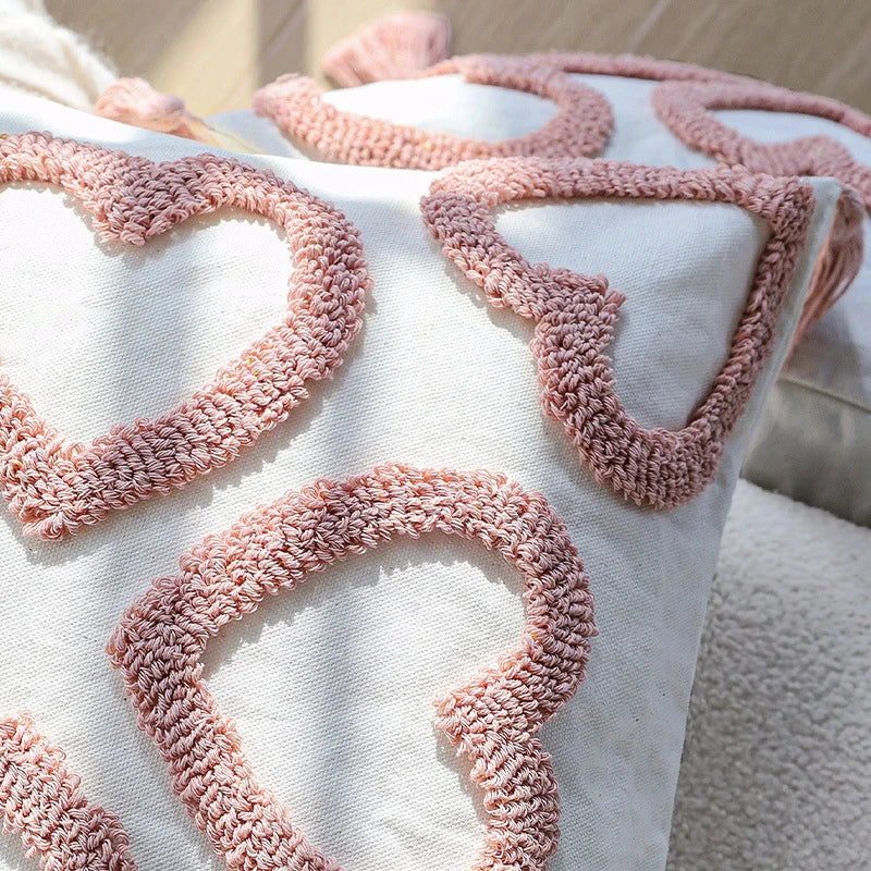 Square Cushion Cover Hand-Tufted Hearts & Tassels