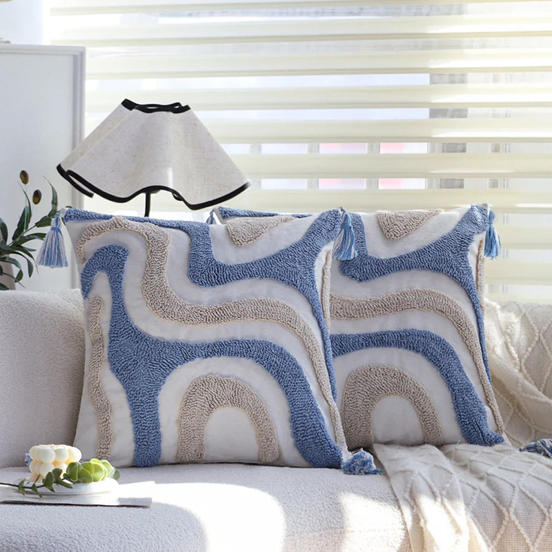 Square Cushion Cover Hand-Tufted Wave Cotton-Linen