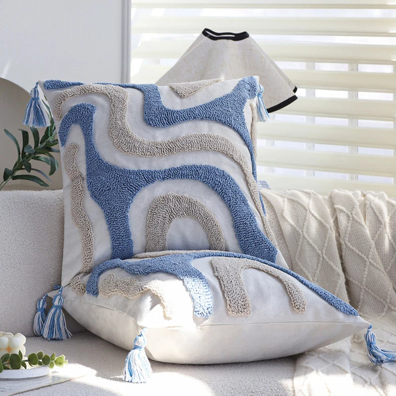 Square Cushion Cover Hand-Tufted Wave Cotton-Linen