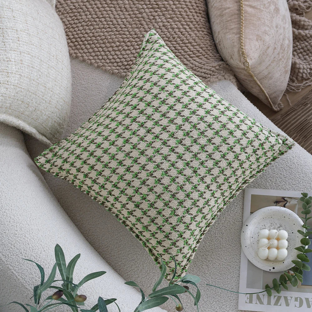 Square Cushion Cover Houndstooth Jacquard Cotton-Linen Concealed Zipper