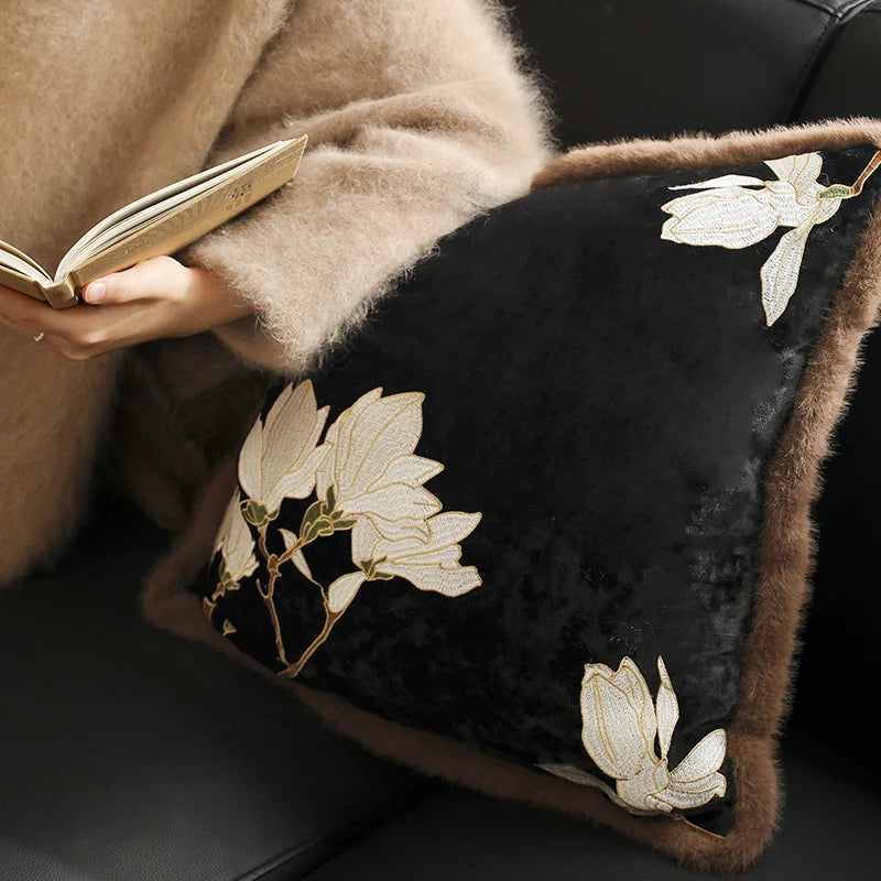 Square Cushion Cover Magnolia Embroidered Velvet Faux Fur Trim