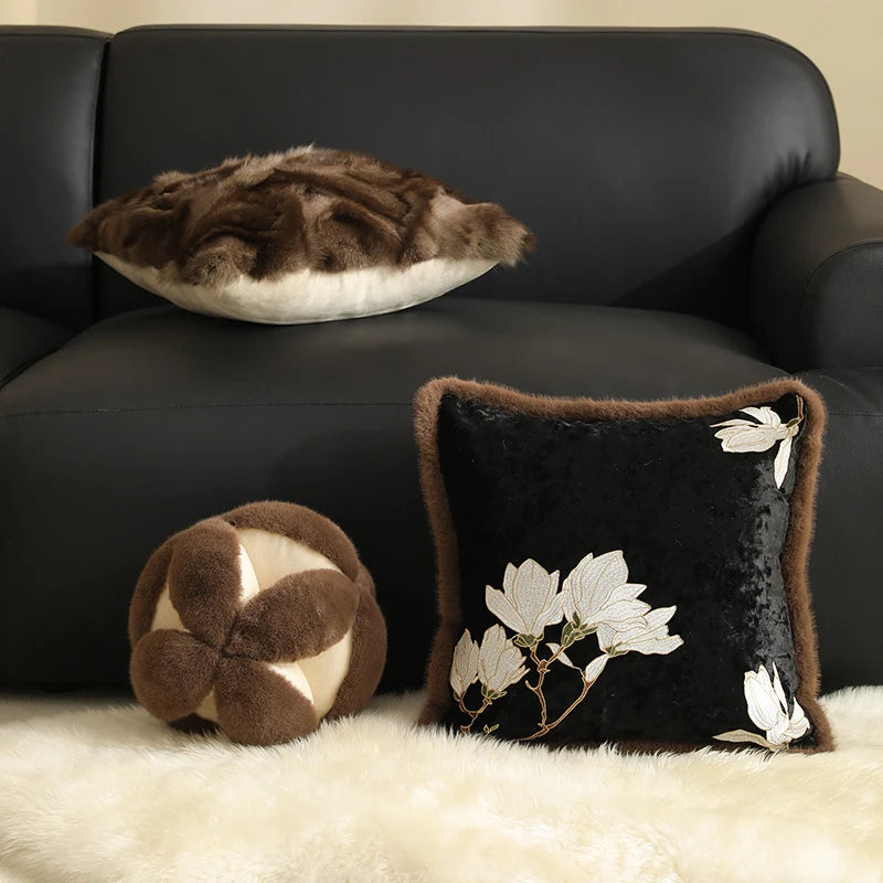Square Cushion Cover Magnolia Embroidered Velvet Faux Fur Trim