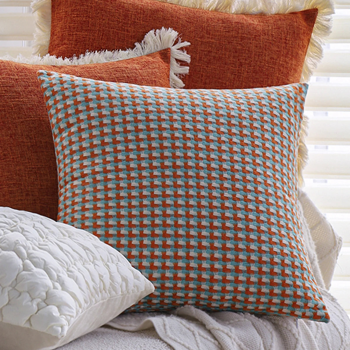 Square Cushion Cover Textured Mini Houndstooth Jacquard Concealed Zipper
