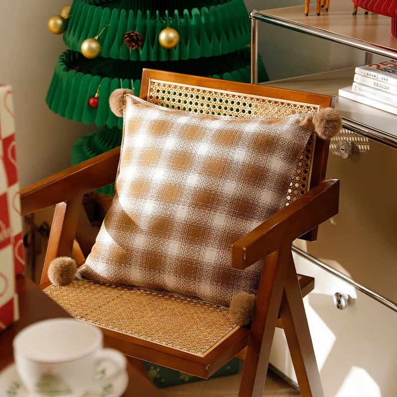 Square Cushion Cover Woven Check Cotton Corner Pom-Poms