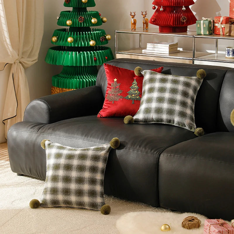 Square Cushion Cover Woven Check Cotton Corner Pom-Poms