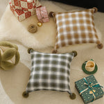 Square Cushion Cover Woven Check Cotton Corner Pom-Poms