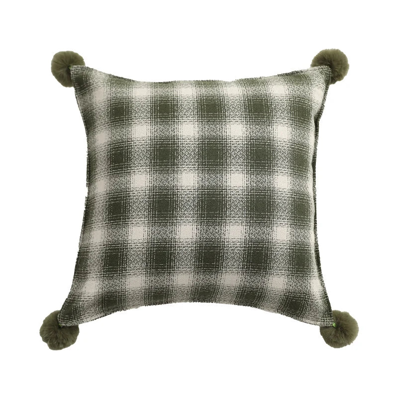 Square Cushion Cover Woven Check Cotton Corner Pom-Poms