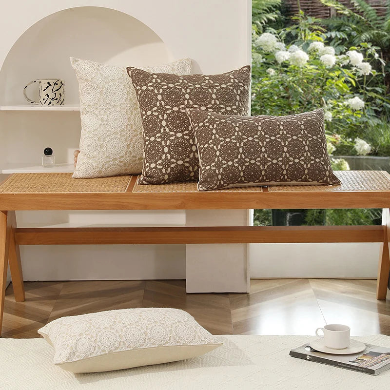 Square Decorative Cushion Linen Base & Crochet Overlay Removable Cover