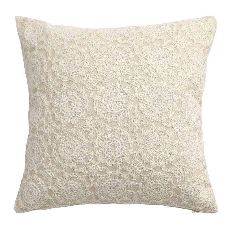 Square Decorative Cushion Linen Base & Crochet Overlay Removable Cover