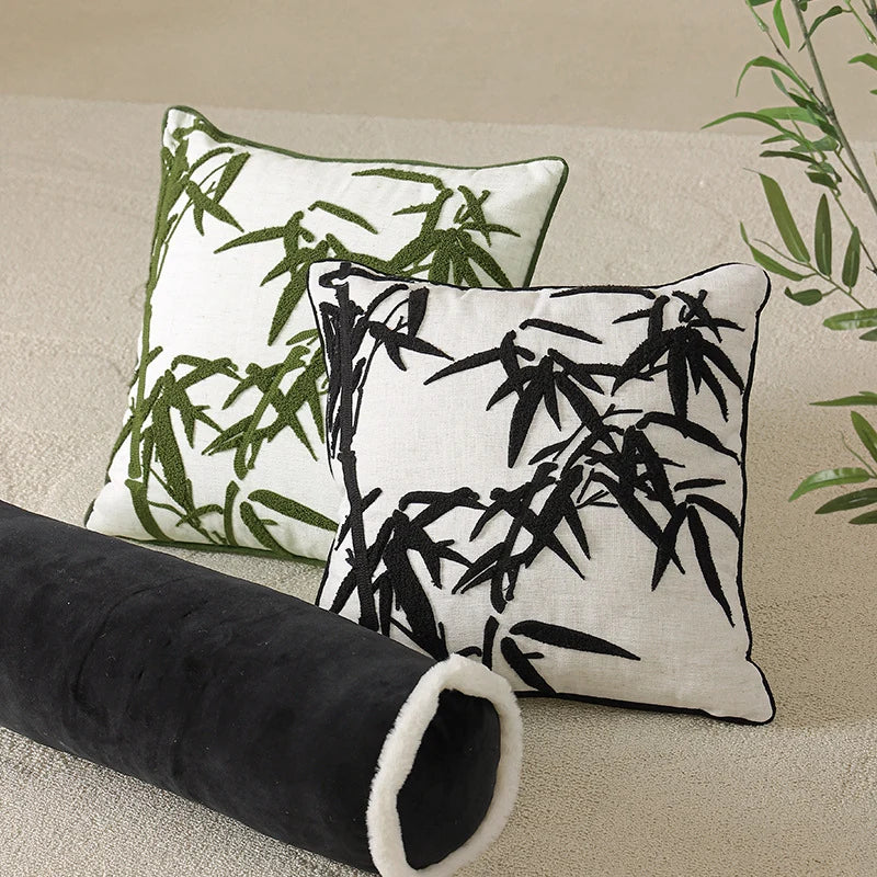 Square Decorative Pillow Cover Hand-Tufted Bamboo Motif Linen-Look Cotton-Blend