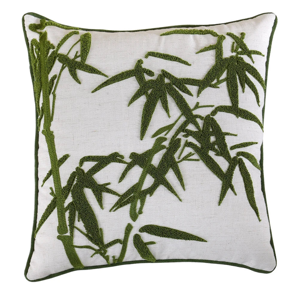 Square Decorative Pillow Cover Hand-Tufted Bamboo Motif Linen-Look Cotton-Blend