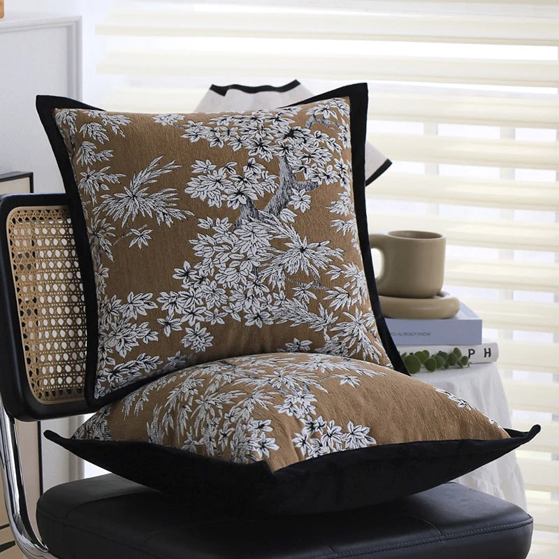 Square Pillow Cover Cotton-Linen Floral Jacquard