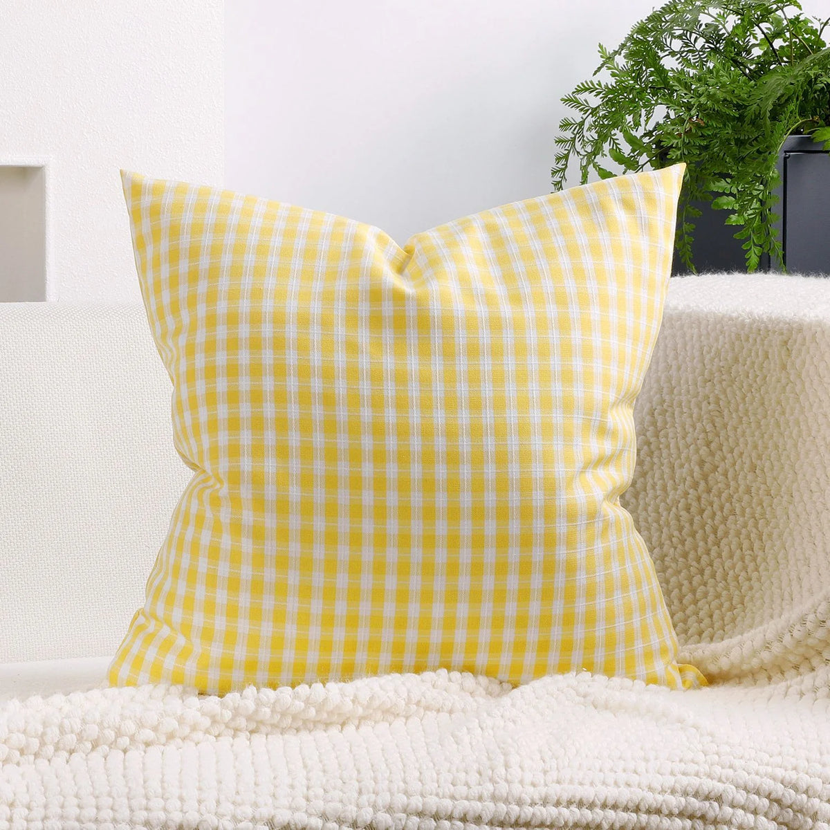 Square Pillow Cover Cotton-Linen Gingham Hidden Zipper