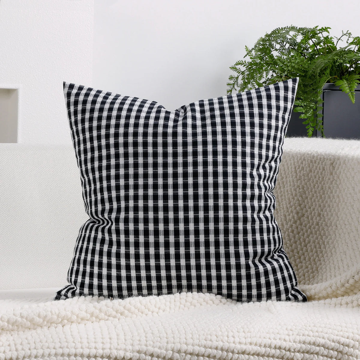 Square Pillow Cover Cotton-Linen Gingham Hidden Zipper