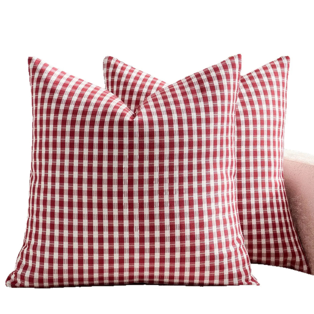 Square Pillow Cover Cotton-Linen Gingham Hidden Zipper