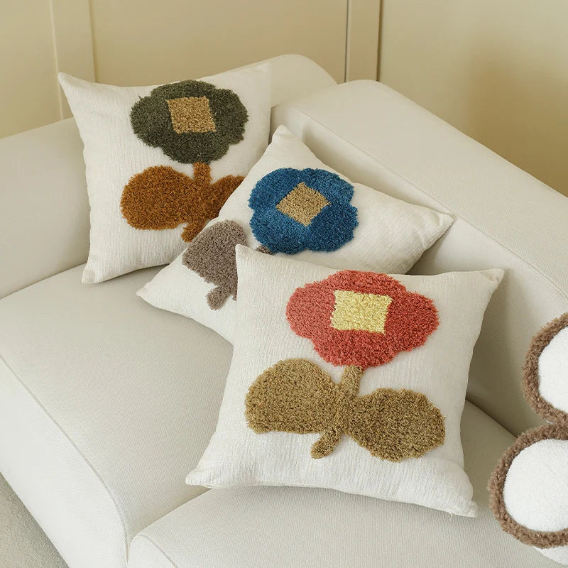 Square Pillow Cover Hand-Tufted Floral Chenille Linen-Look 18x18 In