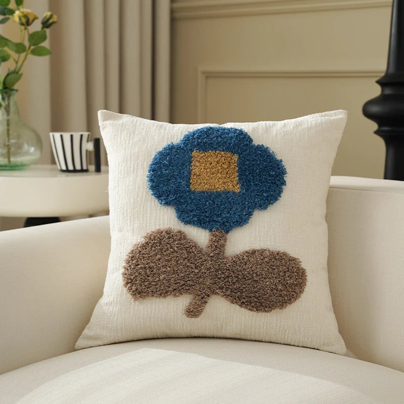 Square Pillow Cover Hand-Tufted Floral Chenille Linen-Look 18x18 In