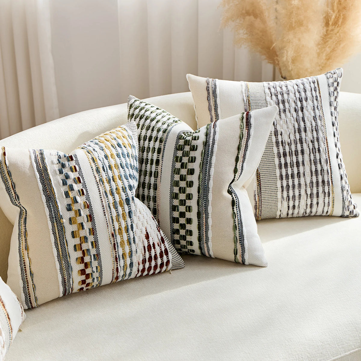 Square Pillow Cover Handwoven Cotton Tufted Stripes