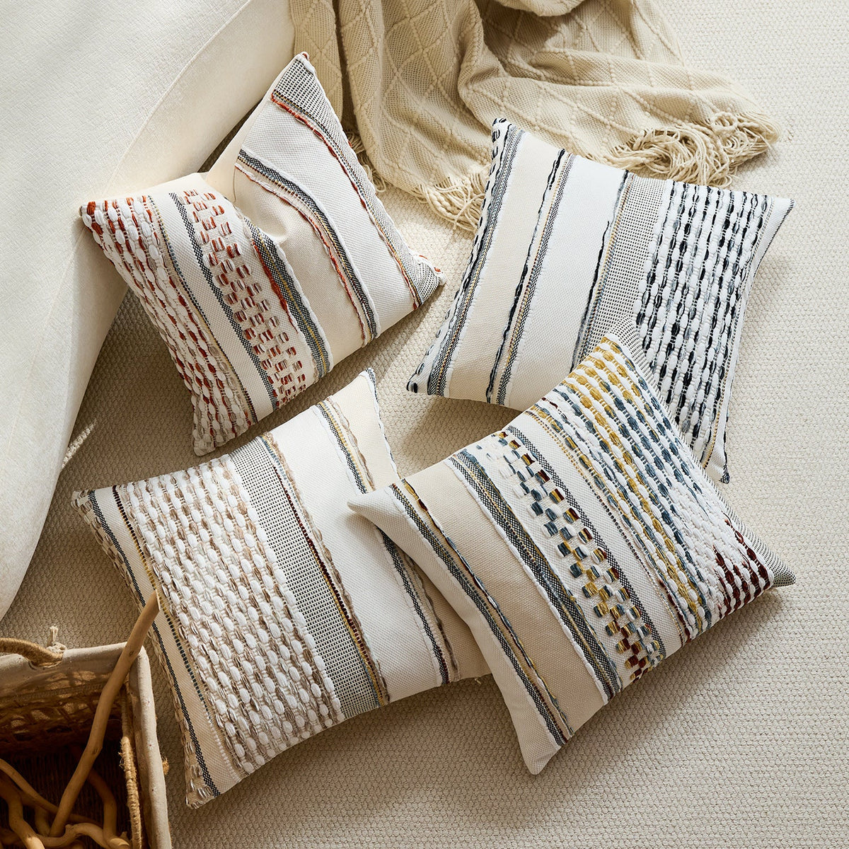 Square Pillow Cover Handwoven Cotton Tufted Stripes