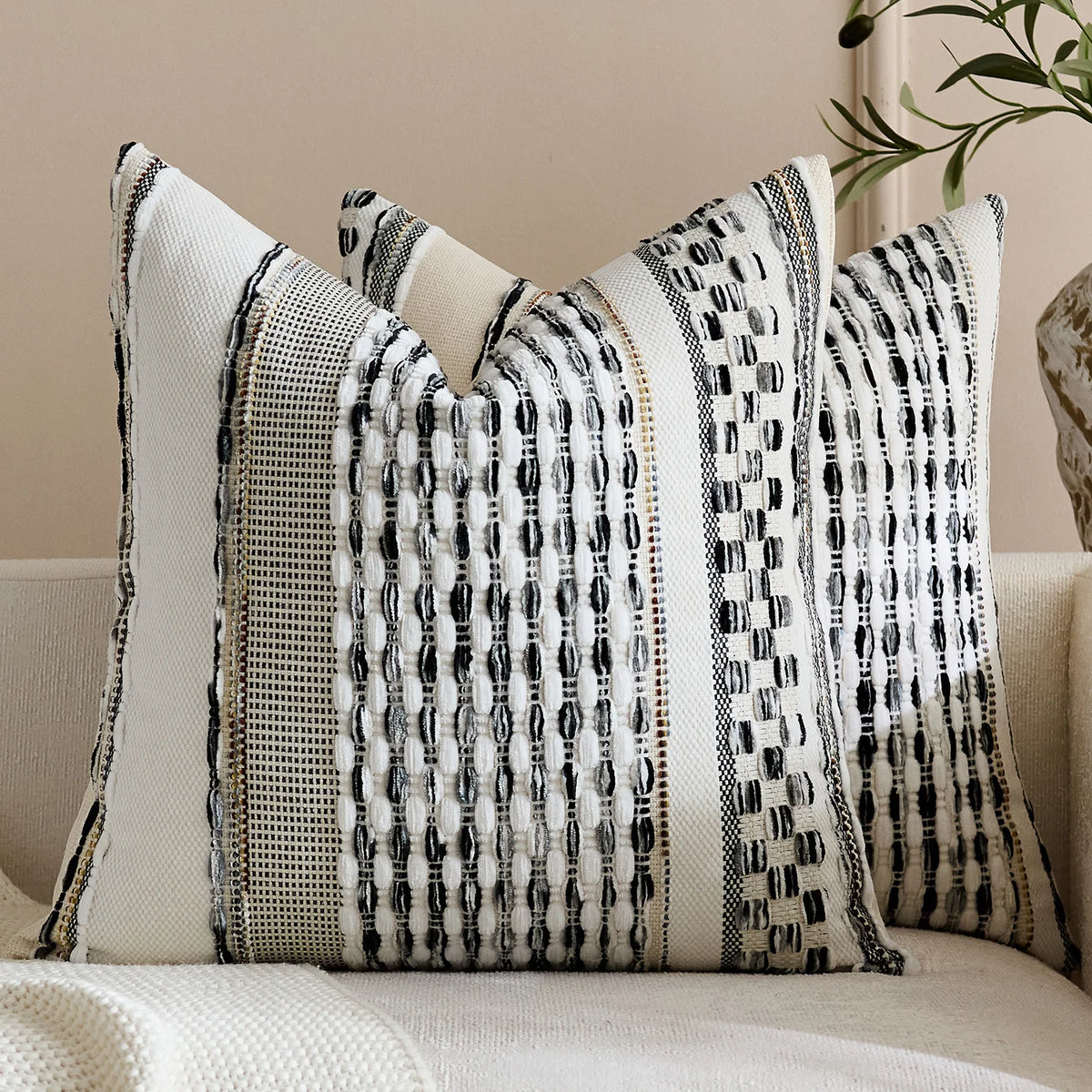 Square Pillow Cover Handwoven Cotton Tufted Stripes
