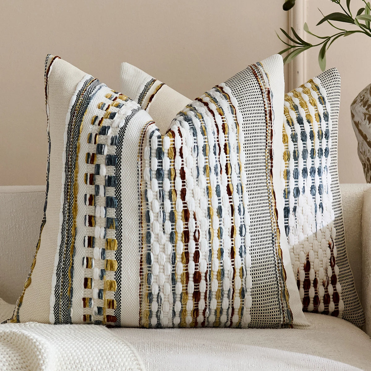Square Pillow Cover Handwoven Cotton Tufted Stripes