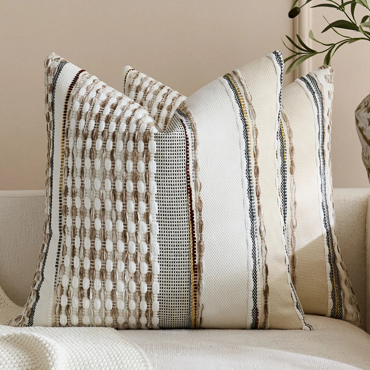 Square Pillow Cover Handwoven Cotton Tufted Stripes