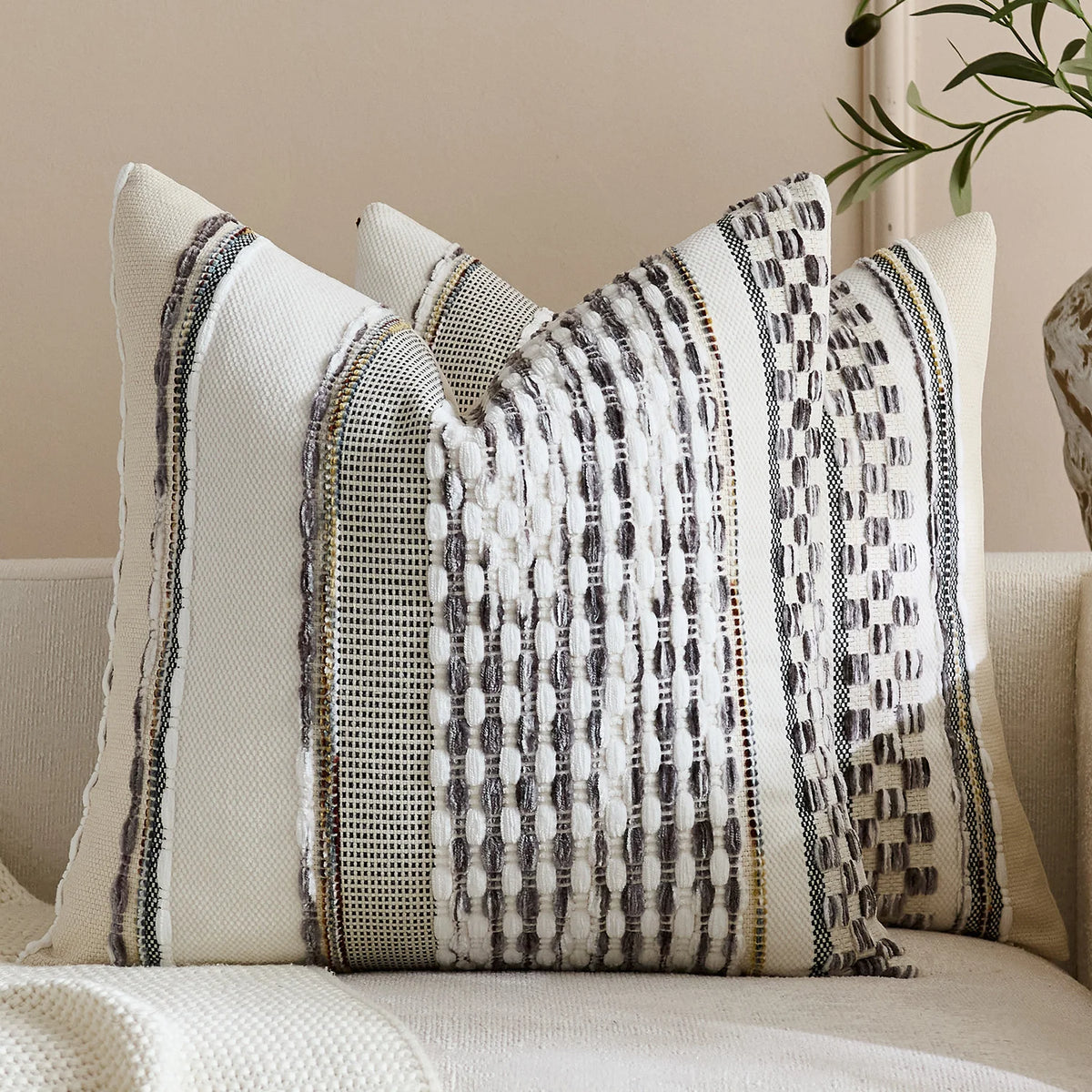 Square Pillow Cover Handwoven Cotton Tufted Stripes