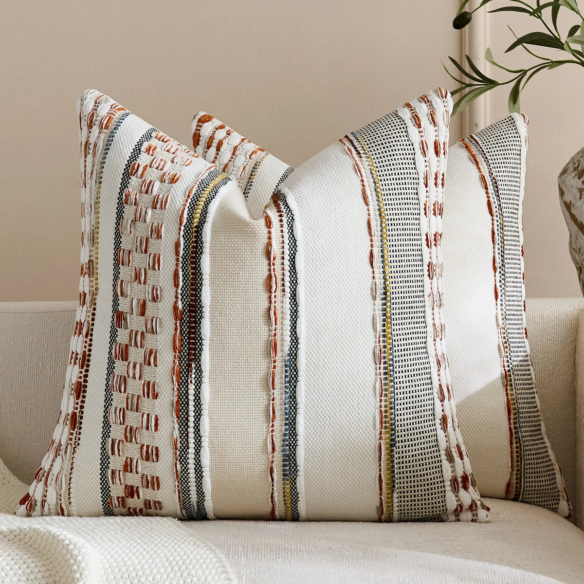 Square Pillow Cover Handwoven Cotton Tufted Stripes